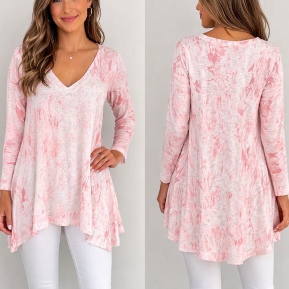 Nally & Millie Tops - Nally & Millie Pink Marble Print V-Neck Tunic Top – Size XS